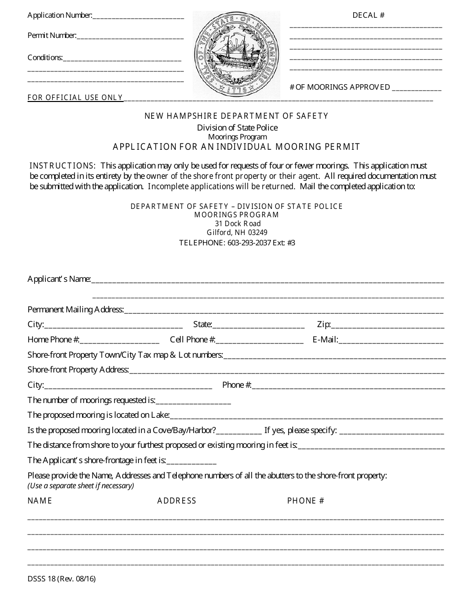 Form DSSS18 Application for an Individual Mooring Permit - New Hampshire, Page 1