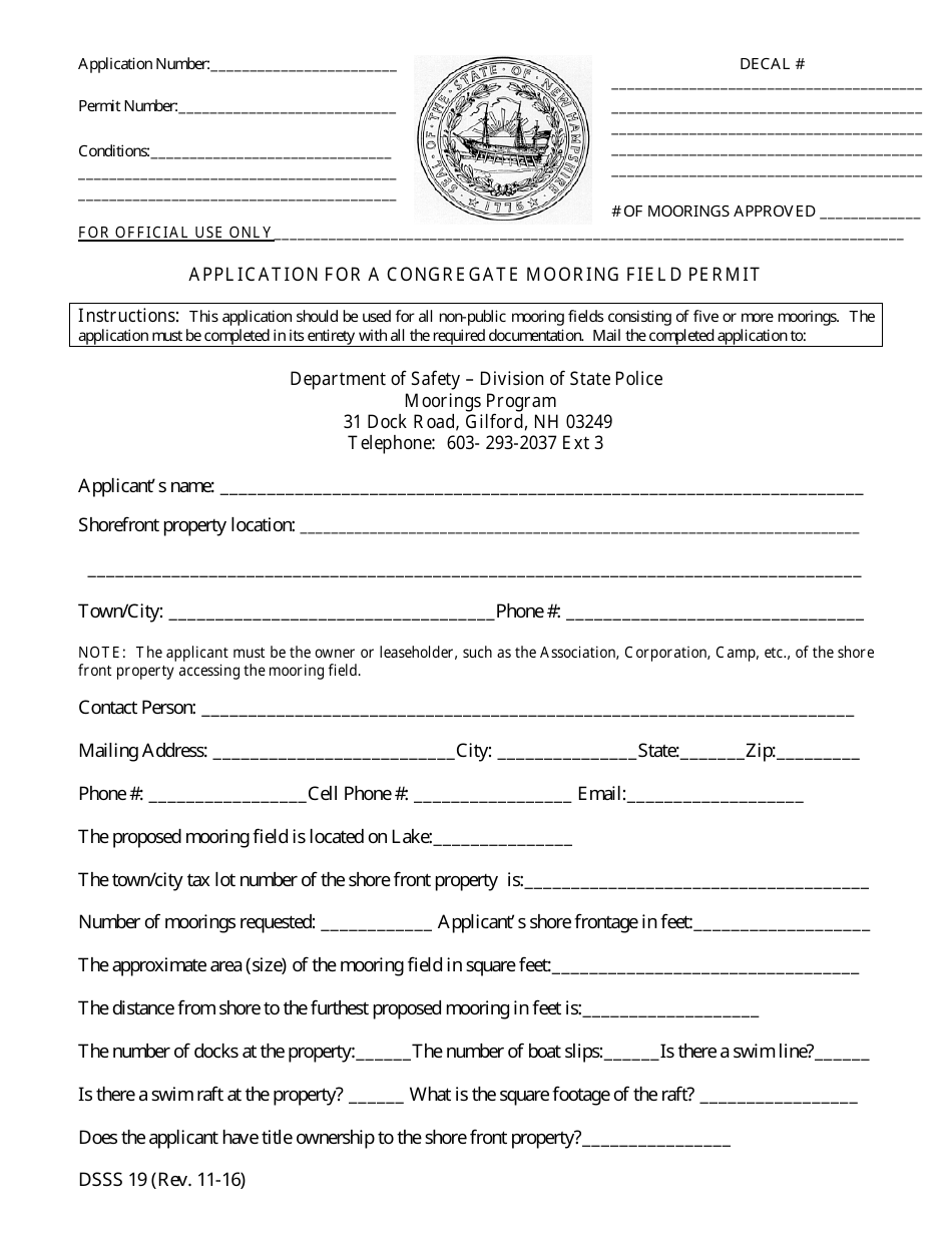 Form DSSS19 Application for a Congregate Mooring Field Permit - New Hampshire, Page 1
