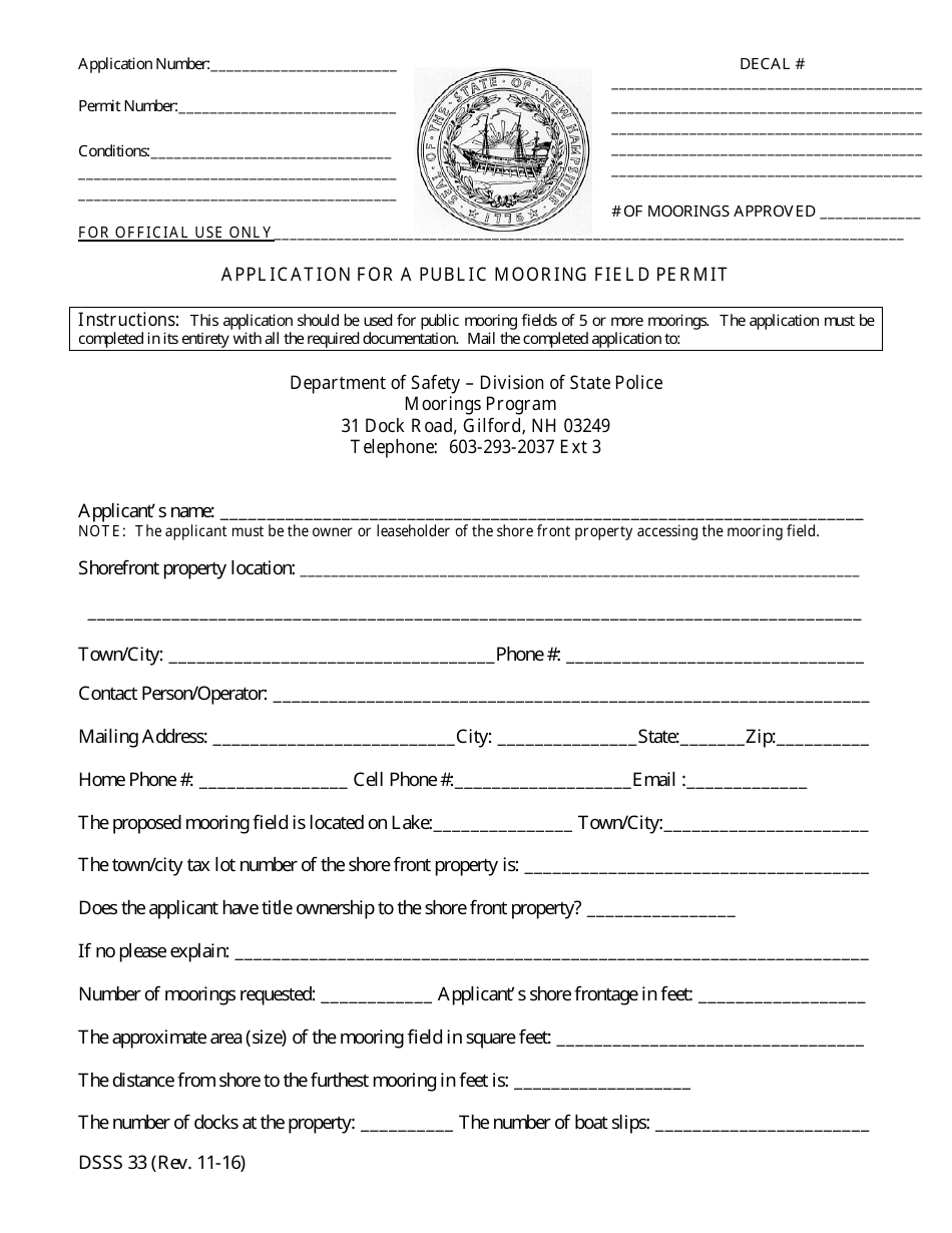 Form DSSS33 Public Mooring Field Application - New Hampshire, Page 1