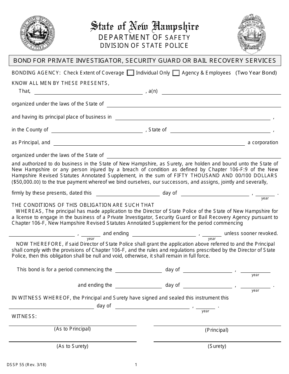 Form DSSP55 Bond for Private Investigator,security Guard or Bail Recovery Services - New Hampshire, Page 1