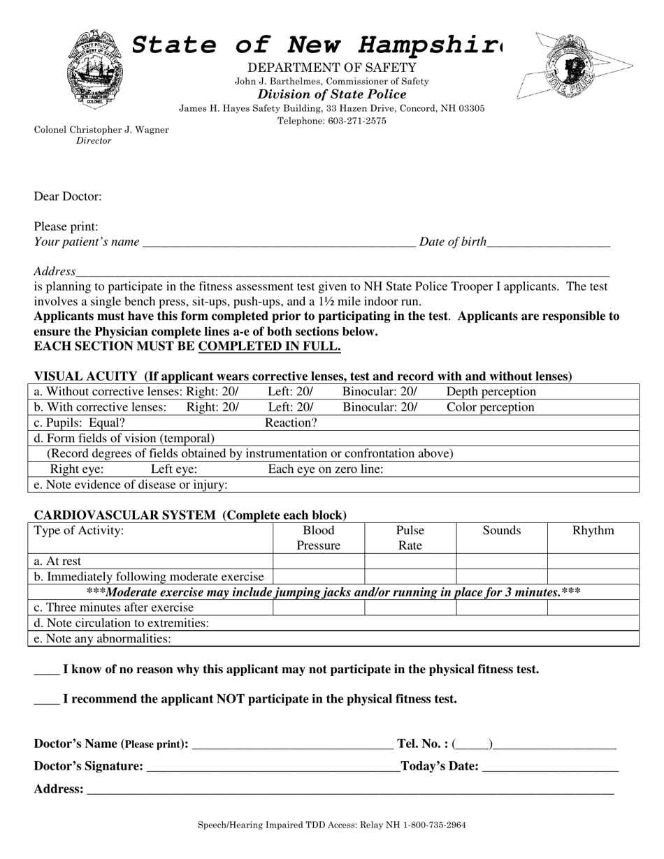 New Hampshire Prephysical Agility Test Medical Form Download Printable