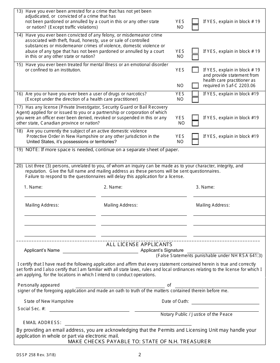 Form DSSP258 Agency Application for Private Investigator, Security Guard, or Bail Recovery Agency License - New Hampshire, Page 2