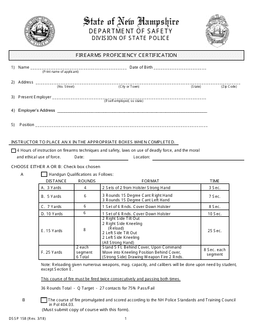 Form DSSP158 Firearms Proficiency Certification - New Hampshire