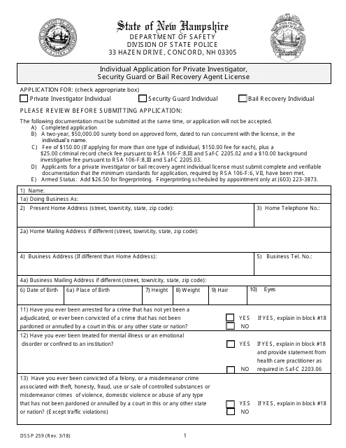 Form DSSP259 Individual Application for Private Investigator, Security Guard or Bail Recovery Agent License - New Hampshire