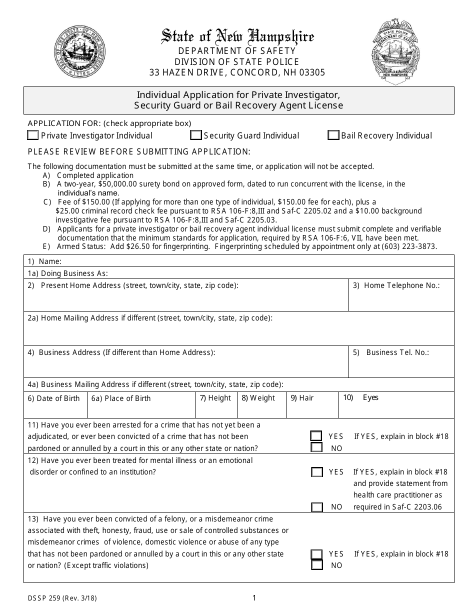 Form DSSP259 Individual Application for Private Investigator, Security Guard or Bail Recovery Agent License - New Hampshire, Page 1
