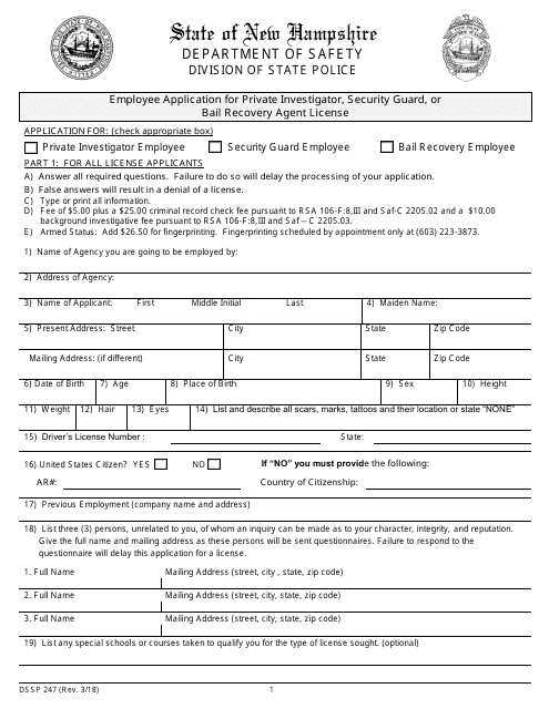 Form DSSP247 Employee Application for Private Investigator, Security Guard or Bail Recovery Agent License - New Hampshire