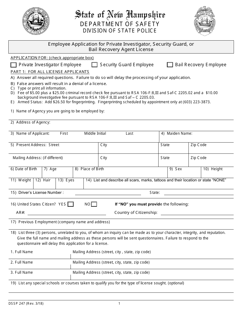 Form DSSP247 Employee Application for Private Investigator, Security Guard or Bail Recovery Agent License - New Hampshire, Page 1