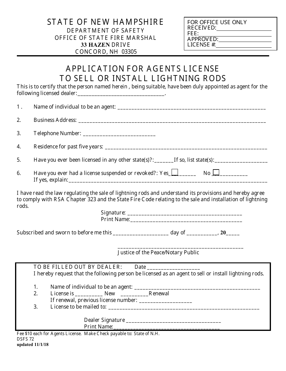 Form DSFS72 Application for Agents License to Sell or Install Lightning Rods - New Hampshire, Page 1