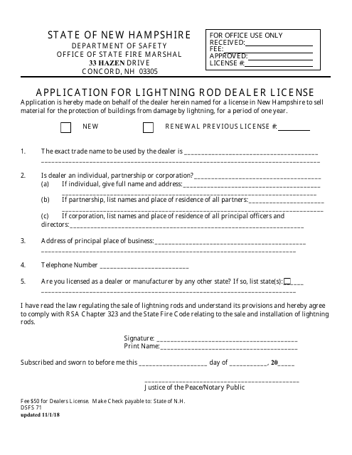 Form DSFS71 Application for Lightning Rod Dealer License - New Hampshire