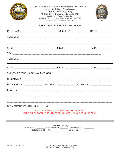 Form DSFM57 Label Void/Replacement Form - New Hampshire