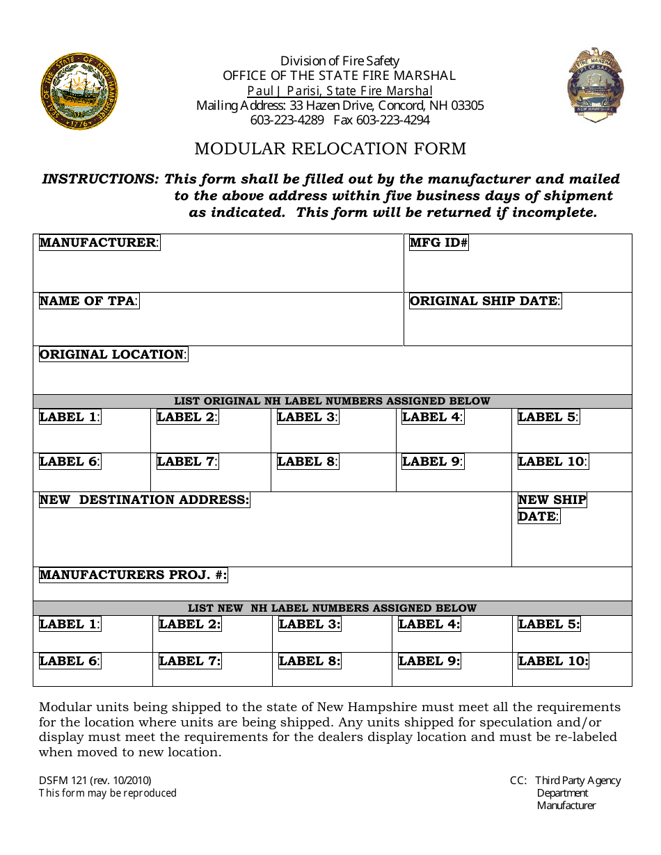 Form DSFM121 Modular Relocation Form - New Hampshire, Page 1