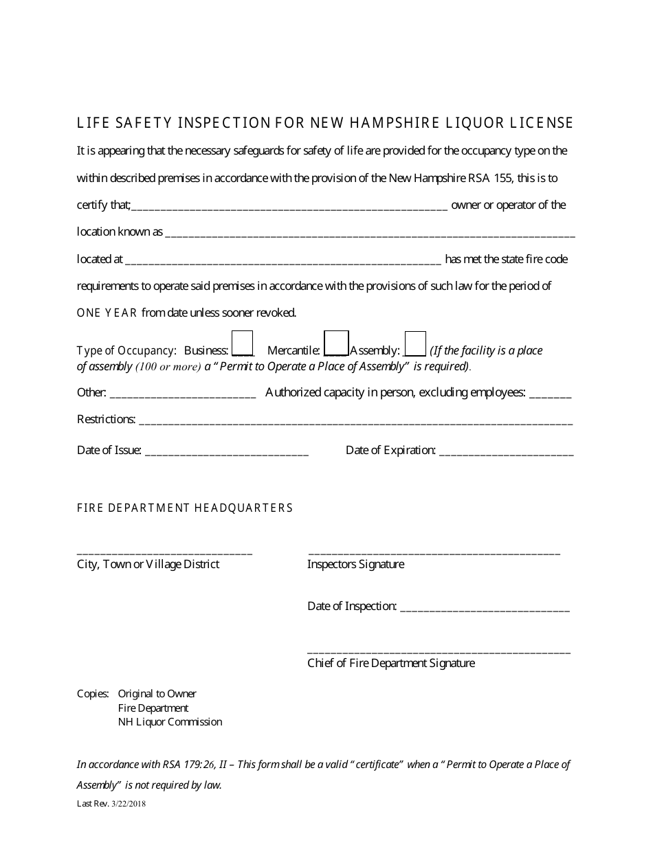 Life Safety Inspection for New Hampshire Liquor License - New Hampshire, Page 1