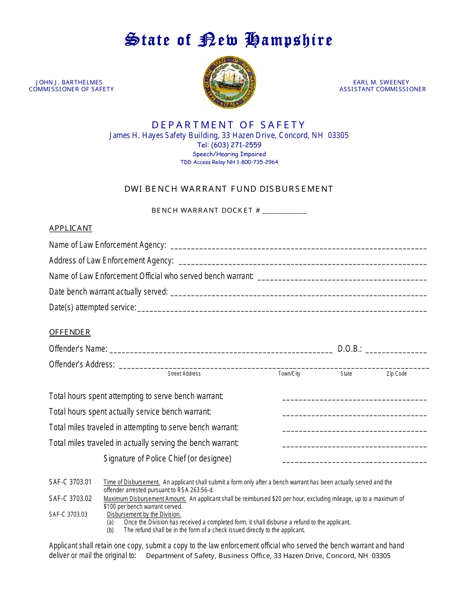 Dwi Bench Warrant Fund Disbursement - New Hampshire, Page 1