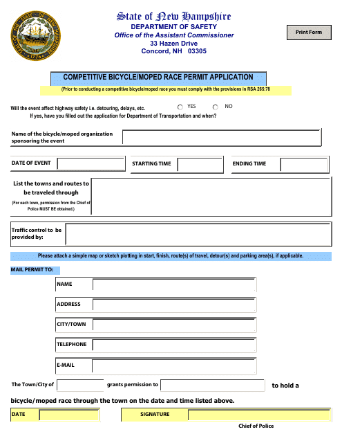 Competitive Bicycle / Moped Race Permit Application - New Hampshire Download Pdf