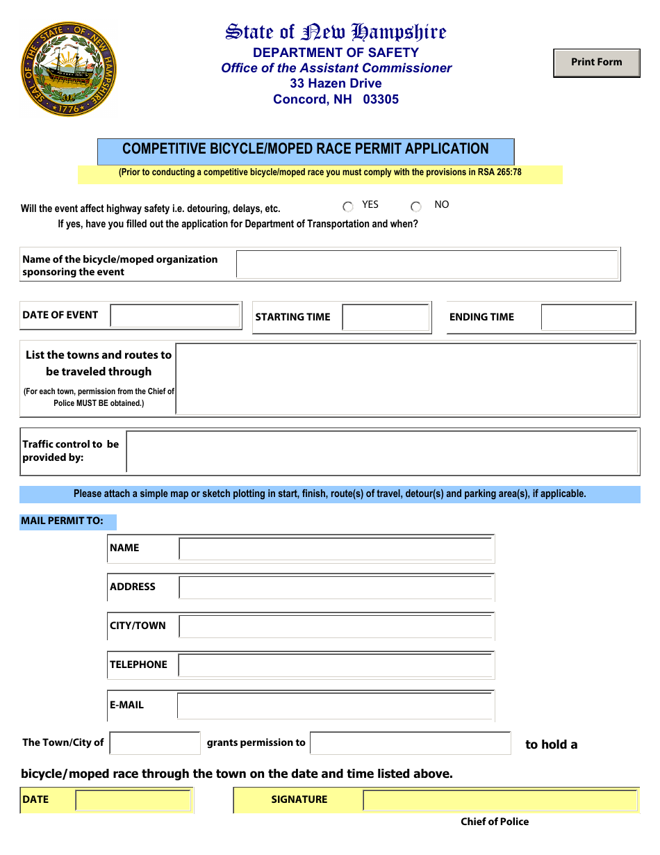 Competitive Bicycle / Moped Race Permit Application - New Hampshire, Page 1