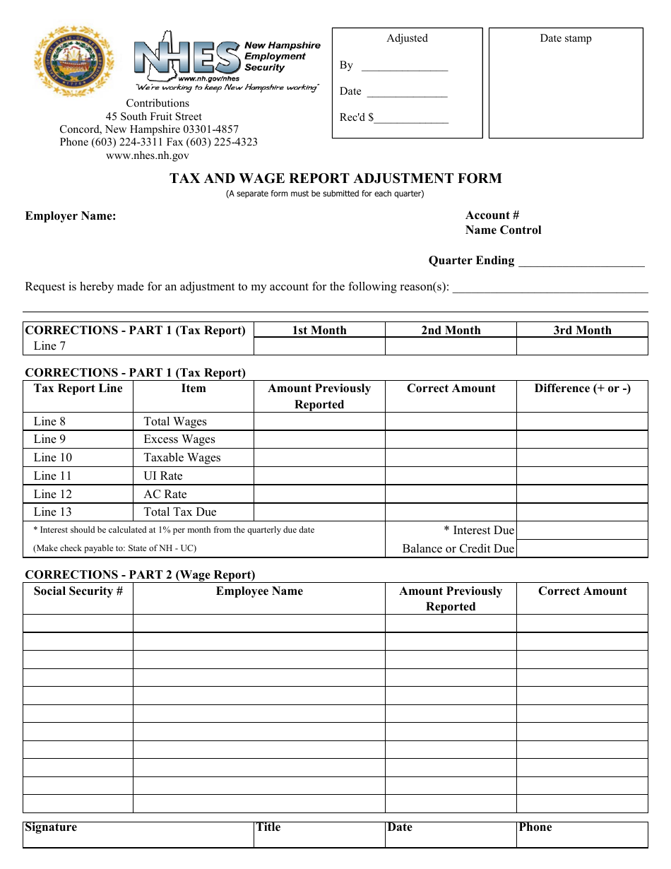 Tax and Wage Report Adjustment Form - New Hampshire, Page 1