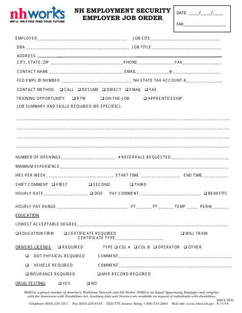 Form NHES0332 Nh Employment Security Employer Job Order - New Hampshire