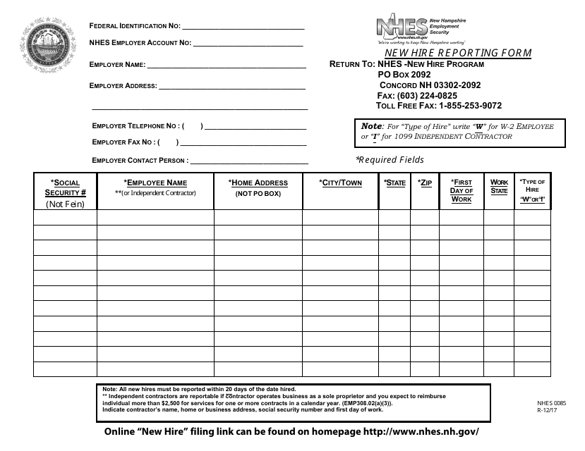Form NHES0085 New Hire Reporting Form - New Hampshire