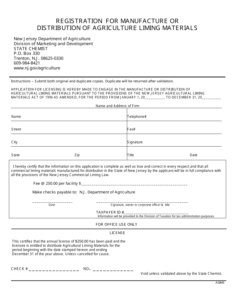 Registration for Manufacture of Distribution of Agriculture Liming Materials - New Jersey, Page 1