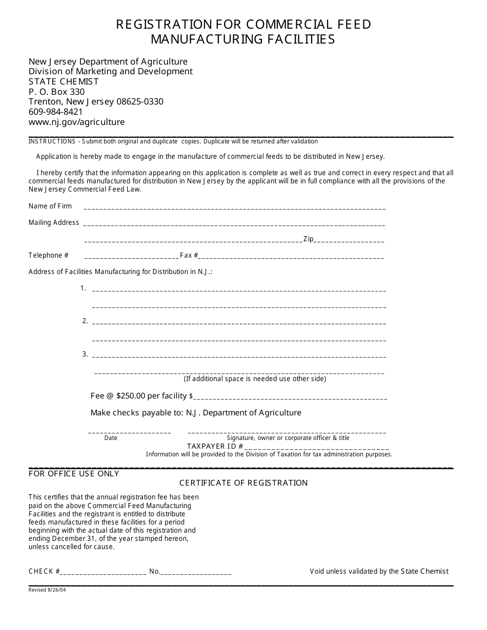 Registration for Commercial Feed Manufacturing Facilities - New Jersey, Page 1