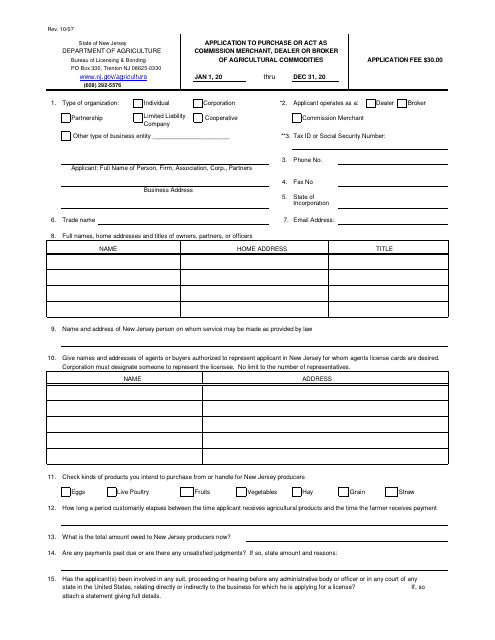 Application to Purchase or Act as Commission Merchant, Dealer or Broker of Agricultural Commodities - New Jersey Download Pdf
