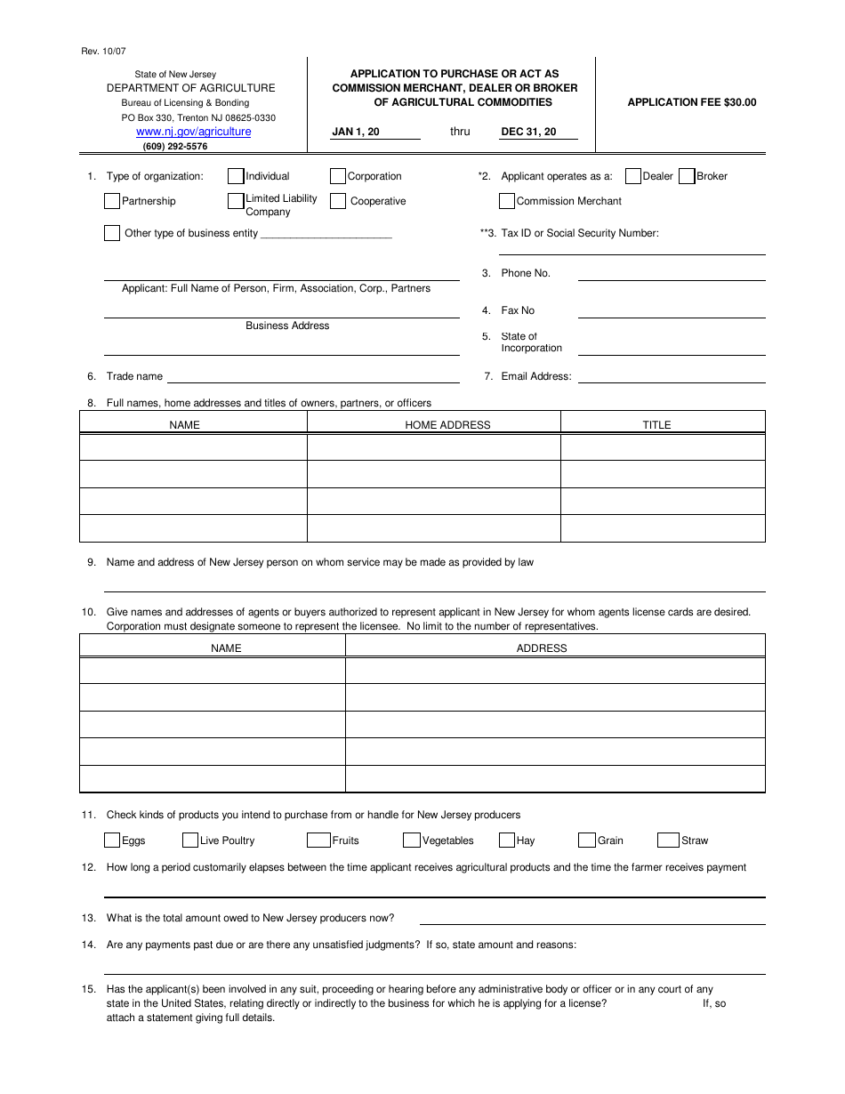Application to Purchase or Act as Commission Merchant, Dealer or Broker of Agricultural Commodities - New Jersey, Page 1