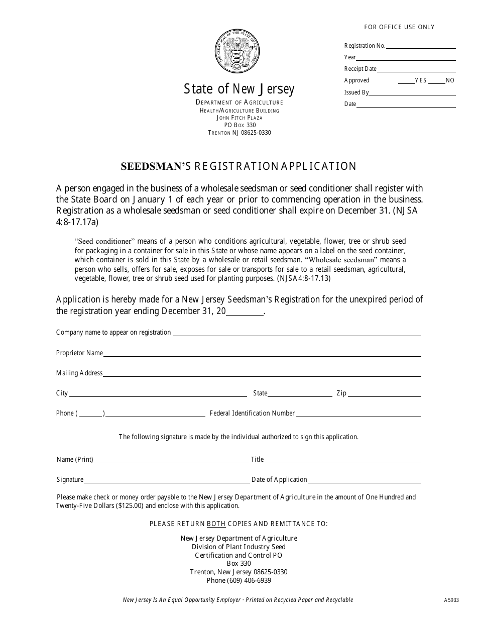 Form A5933 Seedsmans Registration Application - New Jersey, Page 1