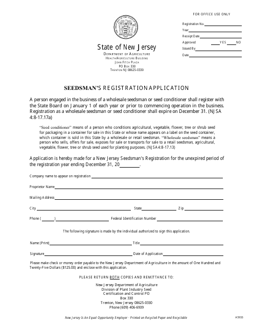 Form A5933 Seedsman's Registration Application - New Jersey
