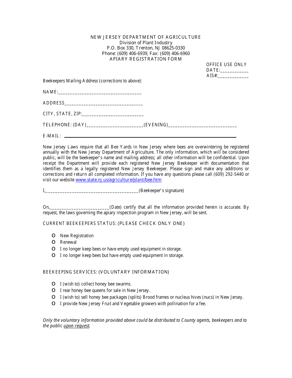 Apiary Registration Form - New Jersey, Page 1