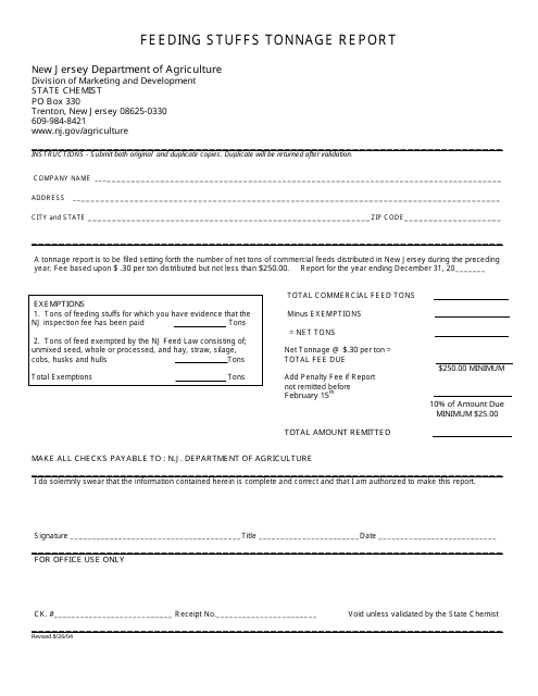 Feeding Stuffs Tonnage Report - New Jersey Download Pdf
