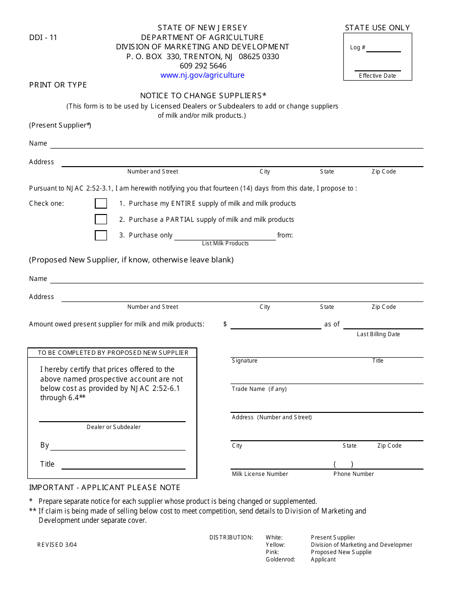 Form DDI-11 Notice to Change Suppliers - New Jersey, Page 1