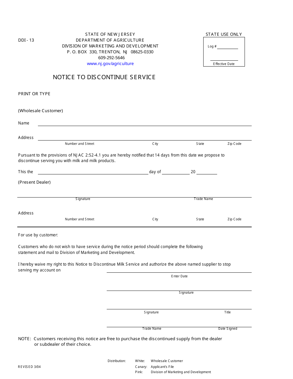 Form DDI-13 Notice to Discontinue Service - New Jersey, Page 1