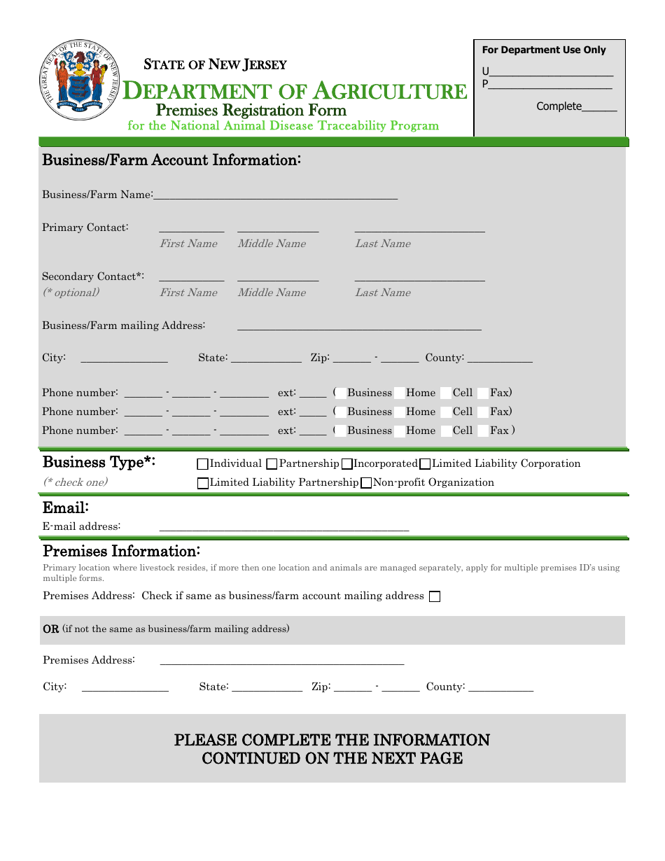 Premises Registration Form for the National Animal Disease Traceability Program - New Jersey, Page 1