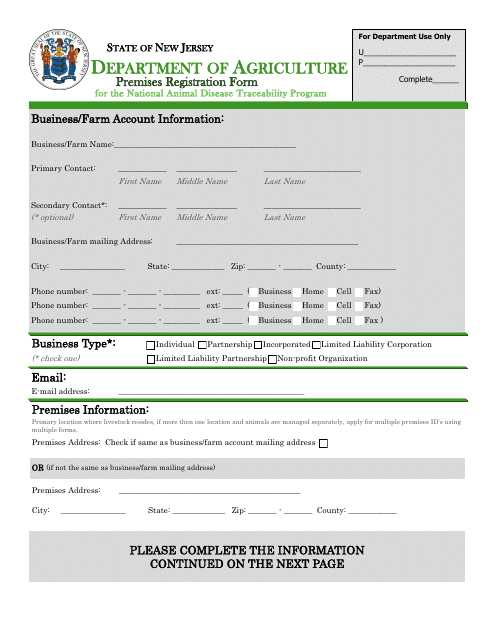 Premises Registration Form for the National Animal Disease Traceability Program - New Jersey Download Pdf