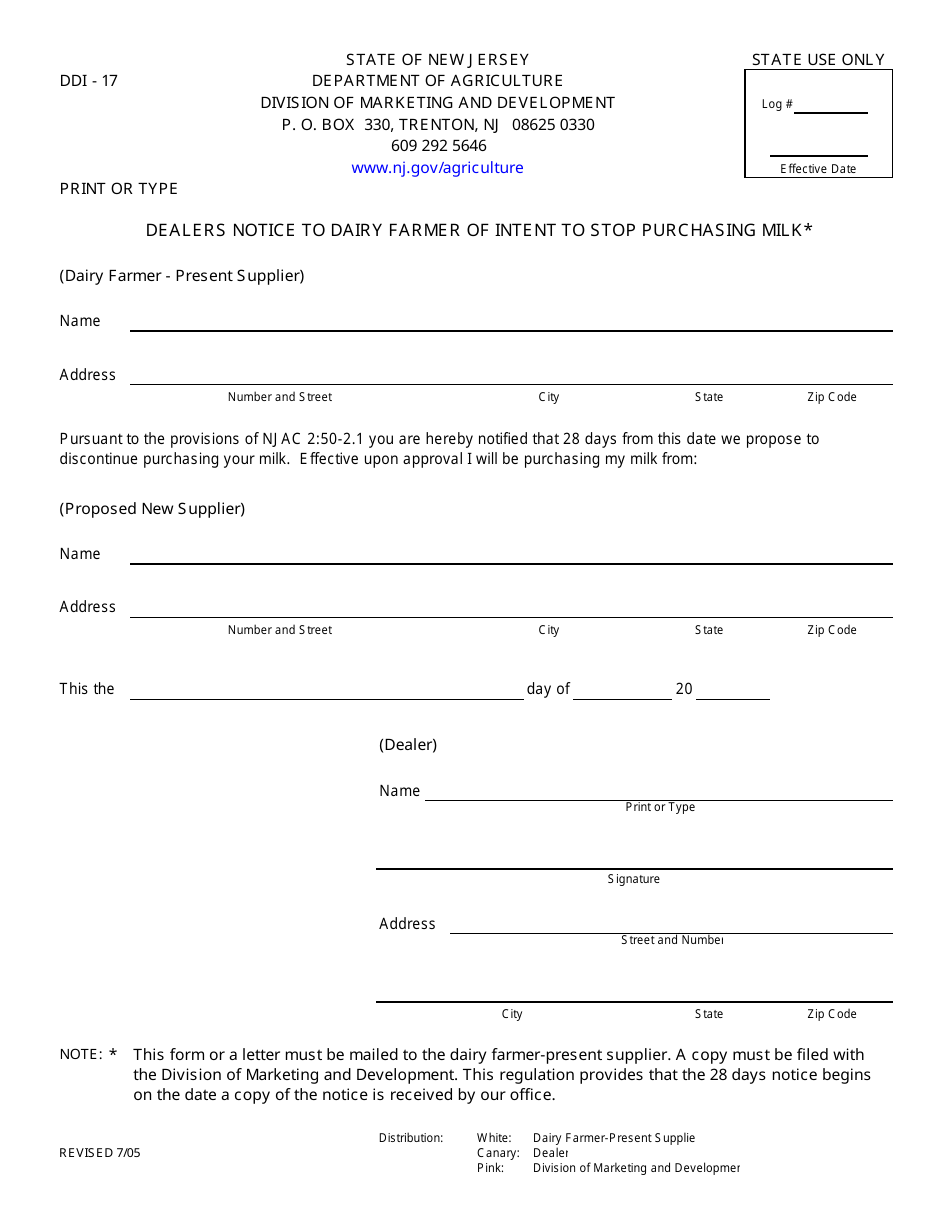 Form DDI-17 Dealers Notice to Dairy Farmer of Intent to Stop Purchasing - New Jersey, Page 1