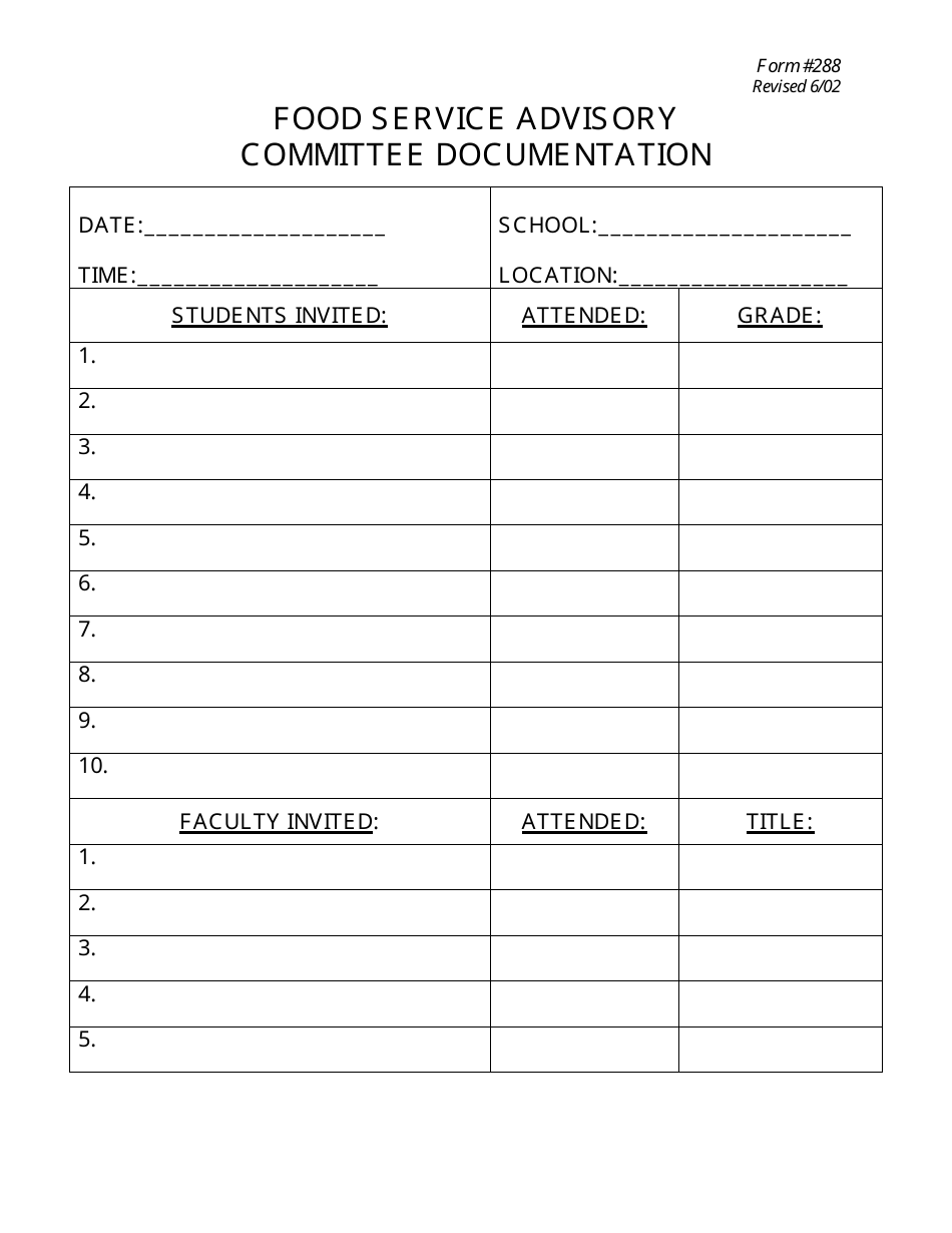 Form 288 Food Service Advisory Committee Sign Sheet - New Jersey, Page 1