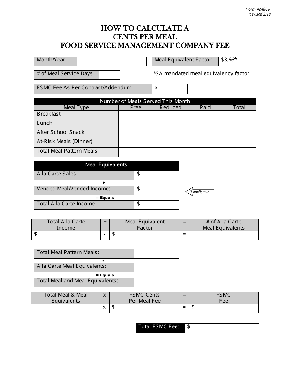 Form 248CR How to Calculate Cents Per Meal Fsmc Fee - New Jersey, Page 1