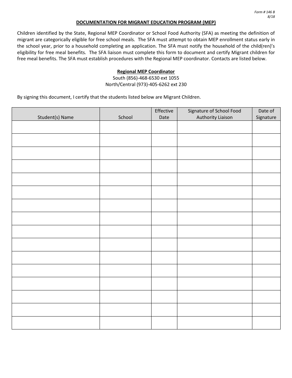 Form 146B Documentation for Migrant Education Program (Mep) - New Jersey, Page 1