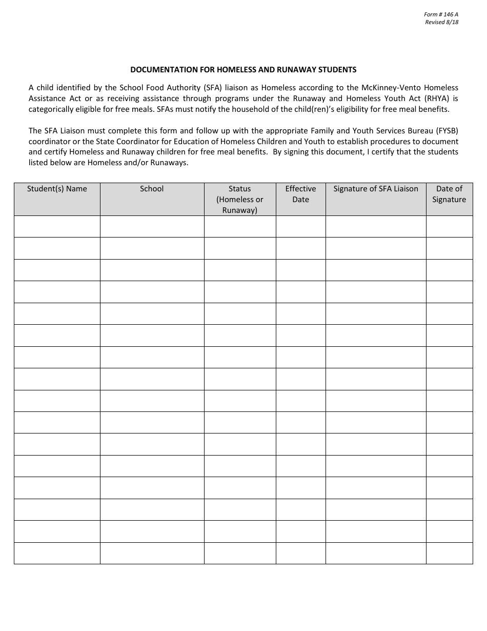 Form 146A Documentation for Homeless and Runaway Students - New Jersey, Page 1