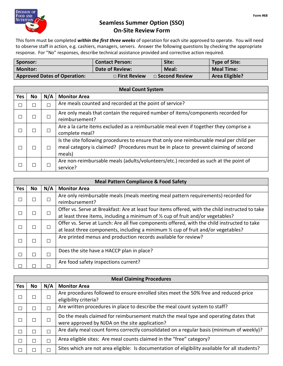 Form 68 Seamless Summer Option (Sso) on-Site Review Form - New Jersey, Page 1