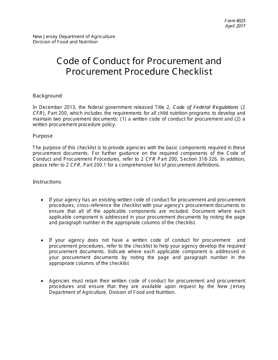 Form 325 Code of Conduct for Procurement and Procurement Checklist - New Jersey, Page 1