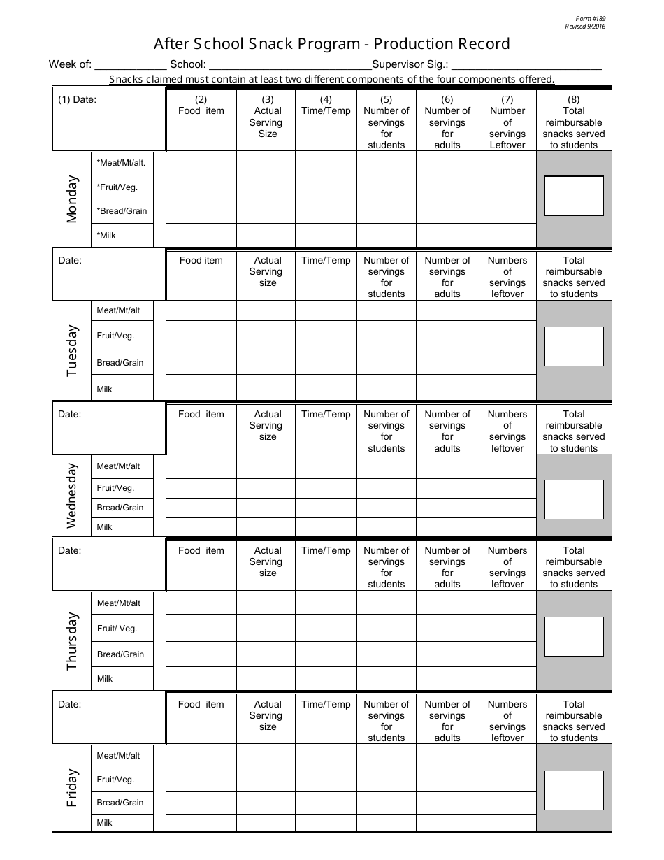 Form 189 After School Snack Program - Production Record - New Jersey, Page 2