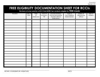 Form 119 &quot;Free Eligibility Documentation Sheet for Rccis&quot; - New Jersey