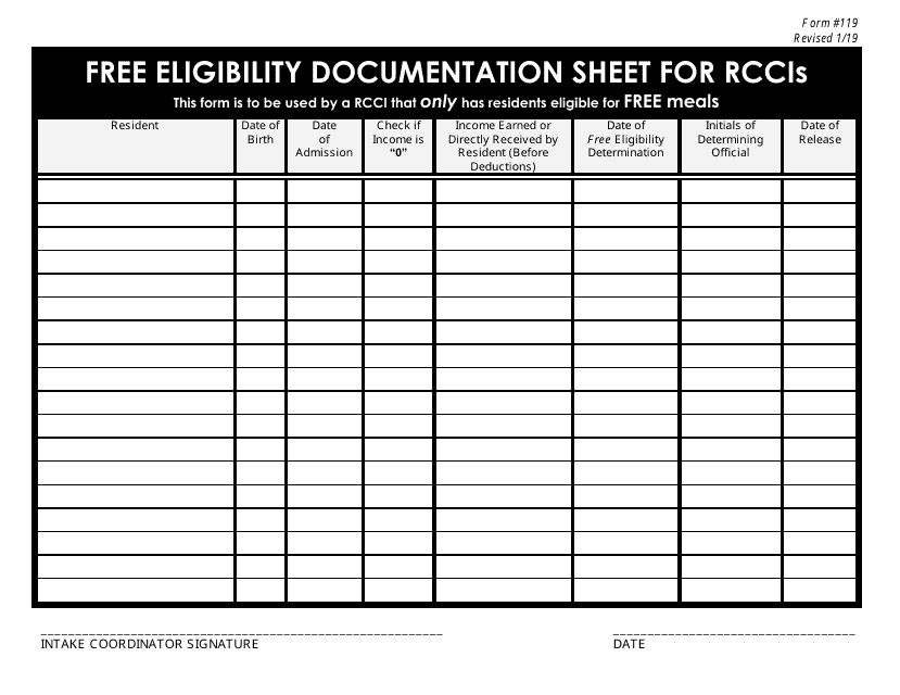 Form 119 Free Eligibility Documentation Sheet for Rccis - New Jersey