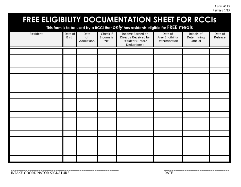 Form 119 Free Eligibility Documentation Sheet for Rccis - New Jersey, Page 1