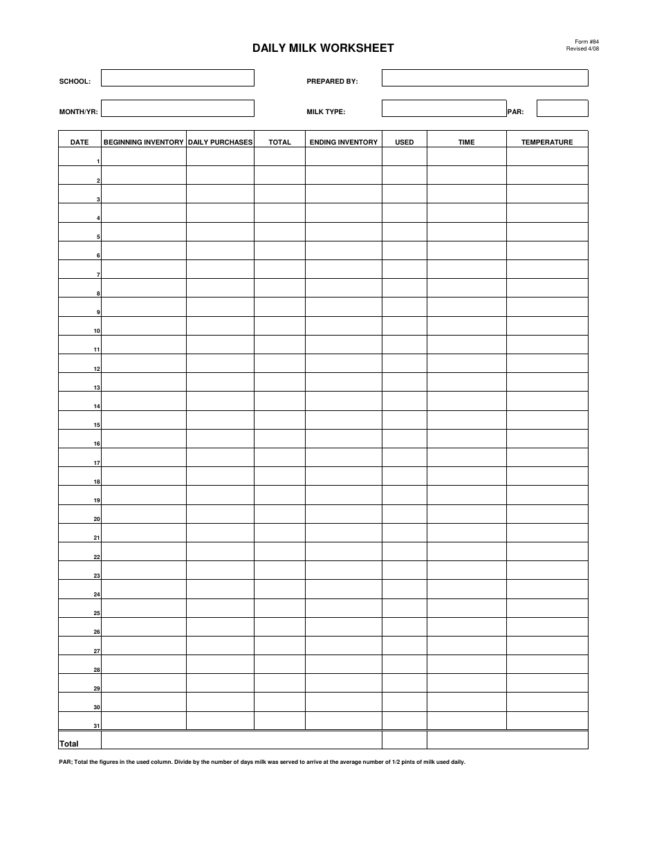 Form 84 Daily Milk Worksheet - New Jersey, Page 1