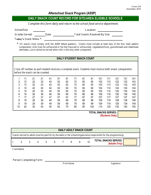 Form 314 Daily Snack Count Record for Site/Area Eligible Schools - New Jersey