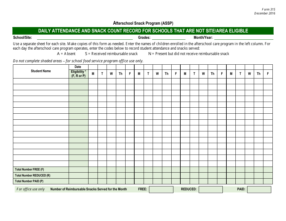 Form 315 Daily Attendance and Snack Count Record for Schools That Are Not Site / Area Eligible - New Jersey, Page 1