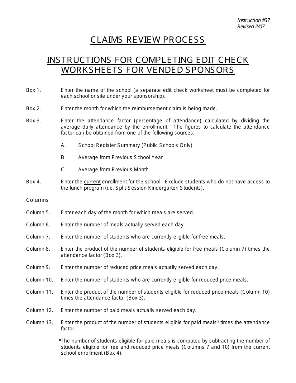 Instructions for Form 37 Edit Check Worksheet for Vended Sponsors - New Jersey, Page 1