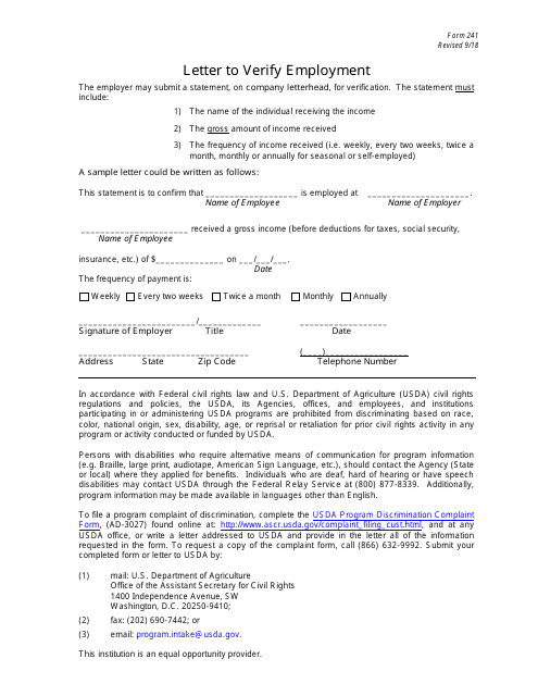 Form 241 Letter to Verify Employment - New Jersey